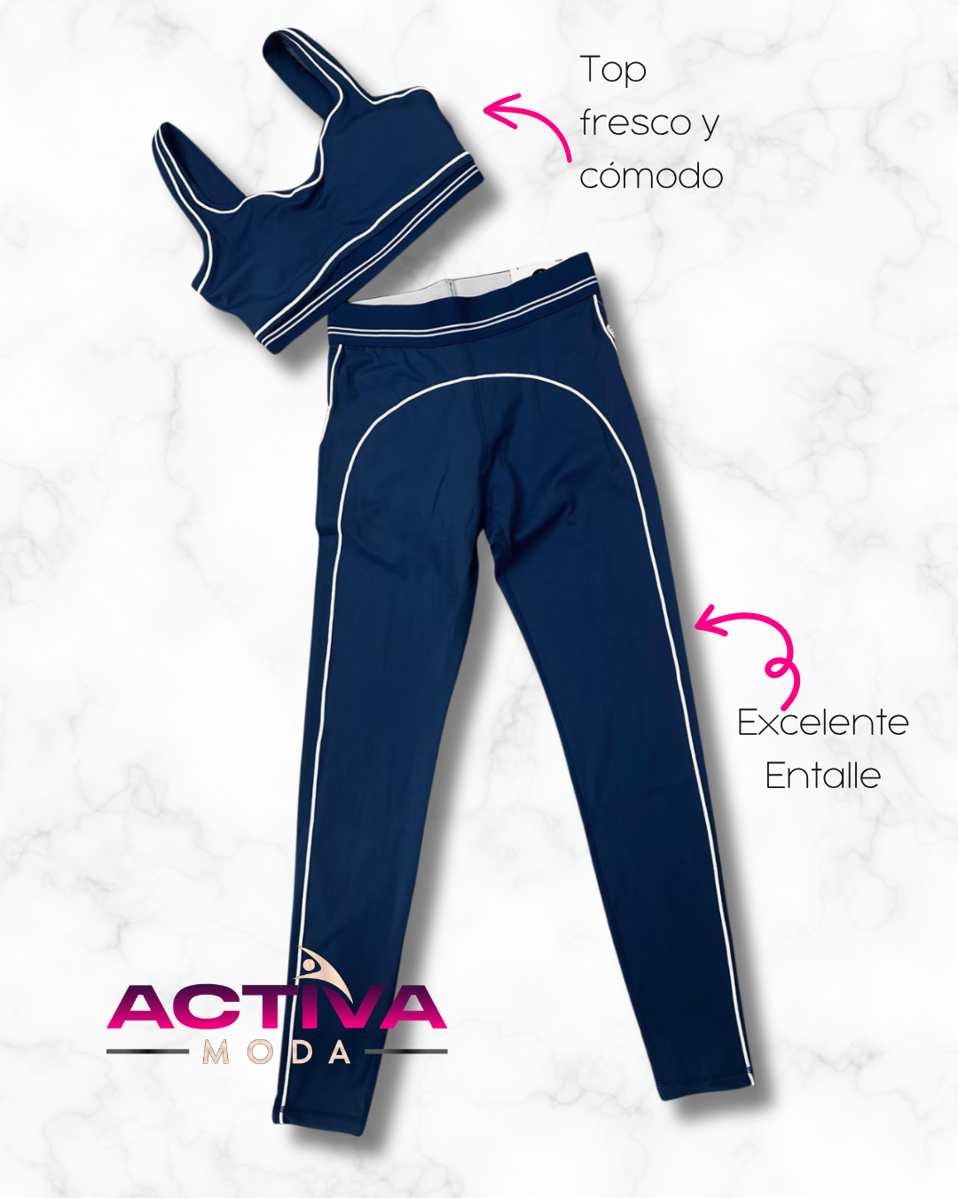 Set deportivo azul con líneas blancas